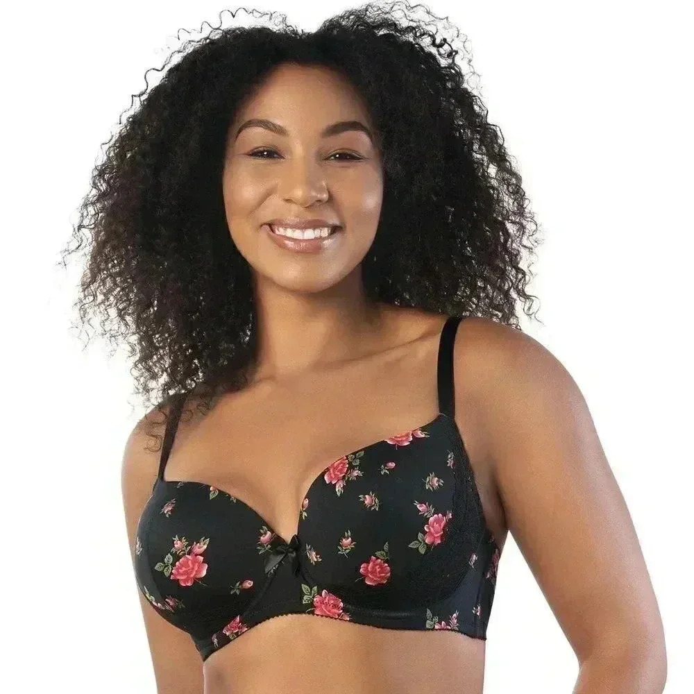 NWOT CASEY PLUNGE MOLDED T-SHIRT BRA - BLACK W/ ROSE PRINT 38C